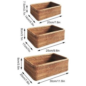 3pcs Hand-Woven Rattan Wicker Basket Fruit Tea Snack Bread Basket Cosmetic Rectangular Storage Box Household Kitchen Room Supply (Ships From: China, Color: 3pcs mixed set)